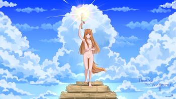1girl afureru_colors animal_ears anklet arm_across_waist barefoot blunt_bangs brown_hair brown_tail clitoral_hood cloud cloudy_sky collarbone columbia_pictures commission commissioner_upload completely_nude day flat_chest full_body holding holo jewelry light_blush light_rays long_hair long_sidelocks navel nude parody pouch pussy red_eyes sidelocks sky smile solo spice_and_wolf standing tail thigh_gap torch uncensored wheat wheat_bundle wind wolf_ears wolf_girl wolf_tail