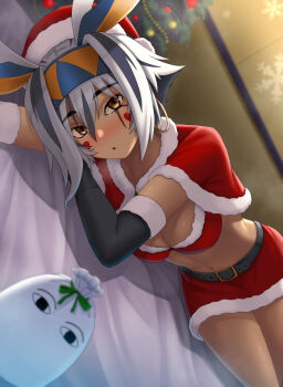 1girl animal_ears antenna_hair belt black_gloves black_hair blush bra breasts capelet christmas chuppa_(katotsuba) cleavage colored_inner_hair commentary_request dark-skinned_female dark_skin earrings elbow_gloves facepaint facial_mark fate/grand_order fate_(series) fur-trimmed_capelet fur-trimmed_headwear fur_trim gloves hairband hat hoop_earrings jackal_ears jewelry looking_at_viewer lying medium_breasts medjed_(fate) multicolored_hair navel nitocris_(fate) nitocris_alter_(fate) on_side red_bra red_capelet red_hat santa_costume santa_hat short_hair sidelocks solo streaked_hair thighs underwear white_hair yellow_eyes
