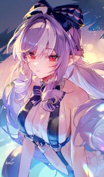 1girl artist_name bare_shoulders blush bow bowtie breasts cleavage closed_mouth clothing_cutout collarbone commentary drill_hair drill_sidelocks frilled_one-piece_swimsuit frills heart_cutout highres kocir long_hair looking_at_viewer medium_breasts mole mole_under_eye navel official_alternate_costume one-piece_swimsuit palm_tree pointy_ears purple_bow purple_bowtie purple_hair red_eyes see-through_clothes sideboob_cutout sidelocks solo stomach_cutout sweat swimsuit tree two-tone_one-piece_swimsuit upper_body vivian_banshee vivian_banshee_(iris_of_the_shore) white_one-piece_swimsuit zenless_zone_zero