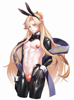 1boy absurdres alternate_costume alternate_hairstyle animal_ears black_hiphighs black_shrug blonde_hair collared_shrug cowboy_shot earrings eyeliner fake_animal_ears frontless_outfit green_eyes heart_maebari heart_pasties highres hiphighs jewelry konsai_2 latex latex_legwear long_hair looking_at_viewer maebari makeup male_focus navel onmyoji pasties rabbit_ears red_eyeliner reverse_bunnysuit reverse_outfit short_hair shrug_(clothing) simple_background skin_tight solo taishakuten_(onmyoji) white_background wrist_cuffs