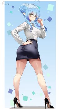 1girl absurdres ahoge alternate_costume alternate_hairstyle bare_legs black-framed_eyewear black_shoes black_skirt blue_hair breasts closed_mouth elf glasses hair_bun hand_on_own_ass heart heart_ahoge high_heels highres hololive inokeiwd kneepits large_breasts looking_at_viewer medium_hair pointy_ears shirt shoes skirt smile solo virtual_youtuber white_shirt yellow_eyes yukihana_lamy