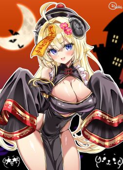 1girl absurdres ahoge alternate_costume animal_ears black_dress black_hat black_sleeves blonde_hair breasts cleavage cleavage_cutout clothing_cutout crescent_moon detached_sleeves dress hat highres hololive horns inokeiwd jiangshi_costume large_breasts long_hair looking_at_viewer moon orange_sky outstretched_arms purple_eyes sheep_ears sheep_girl sheep_horns sky smile solo tsunomaki_watame virtual_youtuber zombie_pose