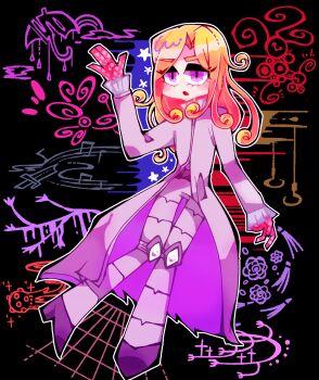 1boy argyle_clothes argyle_gloves bishounen black_background blonde_hair coat curly_hair deformed full_body funny_valentine gloves highres hook jojo_no_kimyou_na_bouken knee_pads kokerata long_coat long_hair long_sleeves male_focus open_mouth outline pants pink_gloves purple_coat purple_eyes purple_pants purple_shoes shoes silk slit_pupils solo stand_(jojo) star_(symbol) steel_ball_run umbrella white_outline