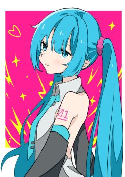1girl 39 absurdres aqua_eyes aqua_hair aqua_necktie auhuheben17 border detached_sleeves grey_shirt hair_ornament hatsune_miku highres long_hair necktie number_tattoo pink_background shirt sleeveless sleeveless_shirt tattoo twintails upper_body vocaloid white_border