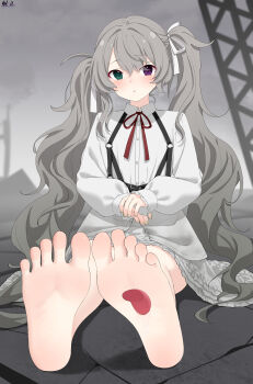 1girl 25-ji_miku 25-ji_nightcord_de._(project_sekai) absurdres barefoot blush disembodied_tongue feet green_eyes grey_hair hatsune_miku heterochromia highres licking_foot long_hair looking_at_viewer mo_moon parted_lips purple_eyes soles toes twintails
