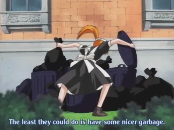 00s 1girl animated animated_gif bush cat concerto grass maid maid_headdress orange_hair outdoors ponytail shoes subtitled trash trash_bag window