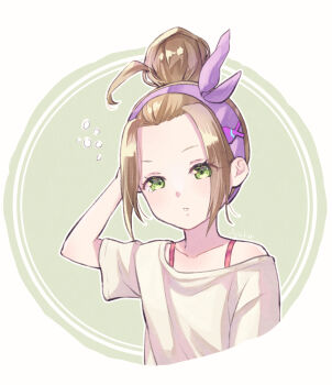 1girl ahoge brown_hair commentary_request green_eyes hairband heaven_burns_red oage_(o_ag_e4) ooshima_yotsuha scratching_head short_hair tagme