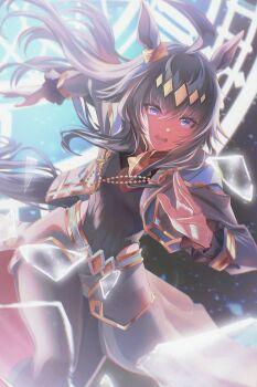 1girl ahoge animal_ears black_pantyhose blue_eyes breasts broken_glass brooch clock clothing_cutout commentary cropped_jacket ear_ornament giffflexx glass grey_hair grey_leotard grey_tail hair_between_eyes hair_ornament hairband highres hip_vent horse_ears horse_girl horse_tail jacket jewelry leotard long_hair long_sleeves neckerchief official_alternate_costume oguri_cap_(cinderella_gray)_(umamusume) oguri_cap_(umamusume) open_mouth overskirt pantyhose ponytail red_neckerchief running shorts solo star_brooch tail umamusume umamusume:_cinderella_gray white_jacket white_shorts