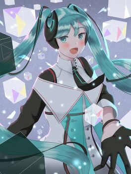 1girl :d aqua_eyes aqua_hair aqua_necktie bangle black_gloves black_necktie blush bracelet clip_studio_paint_(medium) collared_dress commentary cube dress english_commentary gloves half_gloves hand_in_hand_(vocaloid) hatsune_miku highres jewelry long_hair magical_mirai_(vocaloid) magical_mirai_miku magical_mirai_miku_(2015) necktie open_mouth sayuui smile solo tongue twintails very_long_hair vocaloid