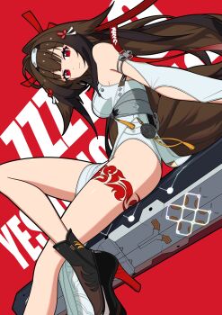 1girl animal_ears armlet bare_shoulders black_shoes breasts brown_hair brown_tail buncho_salmon character_name china_dress chinese_clothes closed_mouth clover clover_hair_ornament commentary_request copyright_name dress droopy_ears from_side hair_ornament hairband highres jewelry knee_up leg_tattoo long_hair looking_at_viewer medium_breasts red_background red_eyes sheath shoes silver_armlet sitting smile solo tail tattoo very_long_hair white_dress white_hairband ye_shunguang zenless_zone_zero