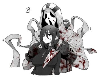 1girl among_us blood blood_on_clothes blood_on_face blood_splatter bloody_knife breasts closed_mouth crewmate_(among_us) cross cross_necklace ghostface gloves hair_between_eyes halftone holding holding_knife holding_weapon jewelry knife large_breasts long_sleeves mask monochrome necklace oh_(aung_ae) scream_(movie) simple_background spot_color upper_body weapon white_background