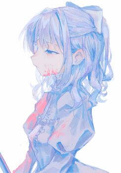 1girl blood blood_on_clothes blood_on_face blue_dress blue_eyes blue_hair breasts character_request closed_mouth commentary_request copyright_request dress from_side half-closed_eyes highres juliet_sleeves long_hair long_sleeves looking_ahead okubatomaeba profile puffy_sleeves simple_background small_breasts solo upper_body white_background