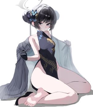 1girl absurdres blue_archive breasts butterfly_hair_ornament china_dress chinese_clothes coat commentary double_bun dragon_print dress full_body grey_eyes grey_halo hair_bun hair_ornament halo highres jacket kisaki_(blue_archive) open_clothes open_jacket pelvic_curtain pinstripe_jacket pinstripe_pattern print_dress rlarms1810 simple_background small_breasts soles solo striped_clothes striped_coat striped_jacket toes untranslatable_commentary vertical-striped_clothes vertical-striped_jacket white_background