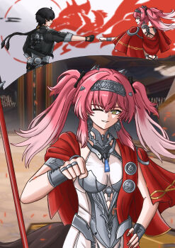 Rule 34 | 1255118553, 1boy, 1girl, absurdres, arena, armlet, armor, black bow, black gloves, black hair, black hairband, black jacket, bow, breastplate, breasts, cape, collar, earrings, fist bump, flag, gloves, gradient hair, grey shirt, hair bow, hair ornament, hairband, hand on own hip, headgear, highres, jacket, jewelry, lupa (wuthering waves), male rover (wuthering waves), medium breasts, metal collar, metal hairband, multicolored hair, multiple rings, one eye closed, pangu terminal (wuthering waves), pink hair, polearm, red pupils, red sash, ribbon, ring, rover (wuthering waves), sash, shirt, sleeves rolled up, smile, spear, tacet mark (wuthering waves), tail, weapon, wolf tail, wrist guards, wuthering waves, yellow eyes