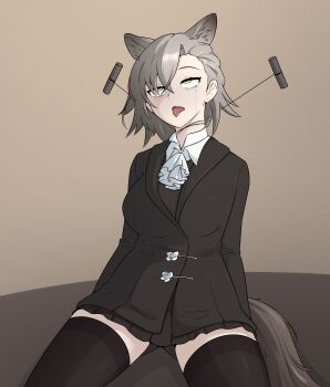 1girl absurdres animal_ears arknights ascot asphyxiation black_jacket black_skirt black_thighhighs breasts brown_background commentary crying crying_with_eyes_open english_commentary garrote highres jacket large_breasts open_mouth penance_(arknights) pixelbrei rolling_eyes simple_background sitting skirt solo strangling tail tears thighhighs tongue tongue_out white_ascot wire wolf_ears wolf_girl wolf_tail yellow_eyes zettai_ryouiki