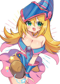 1girl armor bare_shoulders blonde_hair blue_armor blue_helmet blush breasts brooch cleavage commentary_request dark_magician_girl double-parted_bangs emphasis_lines floating_clothes floating_hair from_above gauntlets green_eyes hair_between_eyes helmet highres jewelry large_breasts long_hair open_mouth partial_commentary pink_skirt pink_trim pleated_skirt shooting_star skirt smile solo staff star_(symbol) upper_body yomoi yu-gi-oh!