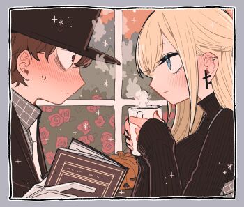 1boy 1girl absurdres alice_lendrott black_jacket black_nails black_sweater blonde_hair blue_eyes blush bocchan_(shinigami_bocchan_to_kuro_maid) book border brown_hair closed_mouth collared_shirt commentary_request cross cross_earrings cup ear_blush earrings eye_contact from_side gloves grey_border hat hetero highres holding holding_book holding_cup inoue_koharu jacket jewelry long_hair long_sleeves looking_at_another mug necktie plaid_clothes plaid_shirt pump red_eyes shinigami_bocchan_to_kuro_maid shirt short_hair sidelocks sleeves_past_wrists sweatdrop sweater swept_bangs top_hat turtleneck turtleneck_sweater white_gloves white_necktie window