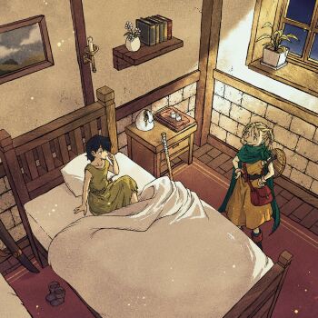 1boy 1girl bag bangle bed bedroom bianca_(dq5) black_eyes black_hair blonde_hair blue_eyes boots bracelet braid brown_boots cane child cloak closed_mouth commentary_request dragon_quest dragon_quest_v dress green_cloak hands_on_own_hips hero_(dq5) highres inn jewelry lid looking_at_another open_mouth orange_dress rope_belt shoulder_bag toriga twin_braids twintails waking_another waking_up