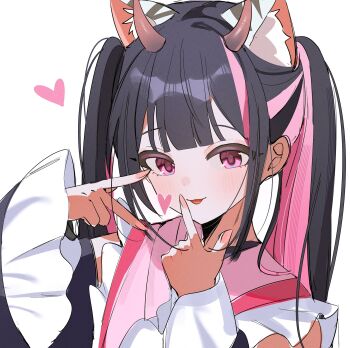 1boy animal_ear_fluff animal_ears black_hair blunt_bangs cho_kaguya-hime! crossdressing crossdressing_(mtf) hands_up hashtag-only_commentary heart highres horns komazawa_noi long_hair looking_at_viewer male_focus multicolored_hair pink_eyes shusuchii simple_background smile solo streaked_hair tiger_ears trap twintails upper_body v white_background