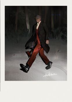 1boy axe black_coat black_shoes brown_eyes camera_flash coat collared_shirt dress_pants facial_hair fake_photograph forest glowing glowing_eye highres holding holding_axe looking_at_viewer male_focus mature_male mustache nature old old_man open_clothes open_coat original pants red_pants red_vest redsakaone shirt shoes snow solo soul_patch vest walking white_hair white_shirt