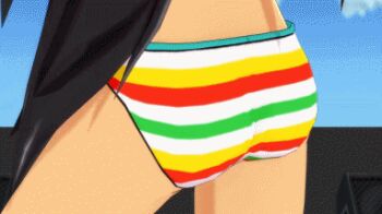 1girl absurdres animated animated_gif aqua_eyes ass ass_focus ass_only ass_shake back bikini black_hair cropped dancing dark-skinned_male dark_skin from_behind ganaha_hibiki gluteal_fold high_ponytail highres idolmaster idolmaster_(classic) kneepits legs long_hair lower_body midriff multicolored_bikini official_alternate_costume official_art ponytail shaking source_request standing striped_bikini striped_clothes swimsuit thighs wide_ponytail