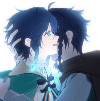 Rule 34 | 2boys, ahoge, androgynous, black hair, blue hair, bow, bowtie, braid, brown cloak, cape, chinese commentary, cloak, collared cape, collared shirt, crying, flower, from side, genshin impact, gradient hair, green cape, green eyes, hand on another&#039;s head, hand on another&#039;s shoulder, hood, hood down, hooded cloak, hug, kayu (yukagoin), light particles, long sleeves, male focus, multicolored hair, multiple boys, nameless bard (genshin impact), open mouth, parted lips, profile, shirt, short hair with long locks, simple background, tears, twin braids, two-tone hair, venti (genshin impact), white background, white shirt