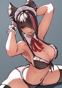 1girl ap_cammy armpits arms_behind_head bikini black_hair bra breasts candy cleavage detached_collar food frills hair_over_one_eye han_juri kneeling large_breasts lollipop lollipop_in_mouth maid_bikini maid_headdress midriff multicolored_hair navel one_eye_covered panties purple_eyes purple_hair simple_background skindentation solo street_fighter two-tone_hair unconventional_maid underwear