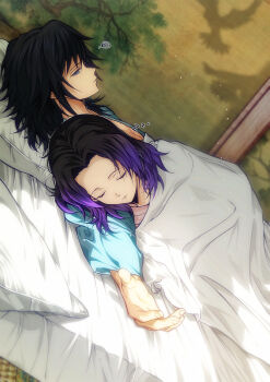 1boy 1girl absurdres aqua_shirt bed_sheet black_hair blue_eyes closed_eyes closed_mouth commentary_request fingernails half-closed_eyes highres kimetsu_no_yaiba kochou_shinobu long_hair looking_at_another niku_(ni23ku) on_bed open_clothes open_shirt outstretched_arm purple_hair shirt sleeping spiked_hair tomioka_giyuu twitter_username
