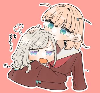 Rule 34 | 2girls, aqua eyes, aqua neckerchief, blue eyes, brown dress, ceras yanagida lilienfeld, colored eyelashes, commentary request, dress, grey hair, hair ornament, hasu no sora school uniform, headpat, highres, hinoshita kaho, hug, link! like! love live!, long sleeves, love live!, multiple girls, neckerchief, open mouth, orange hair, outline, pink background, puff of air, puripuri hurai, rabbit hair ornament, red neckerchief, sailor collar, sailor dress, school uniform, simple background, translation request, two side up, v-shaped eyebrows, virtual youtuber, white outline, white sailor collar, winter uniform