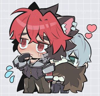 Rule 34 | 2boys, animal ear fluff, animal ear piercing, animal ears, arm up, black hair, black jacket, black pants, blush, chibi, chibi only, closed mouth, commentary request, crossed bangs, double-parted bangs, earrings, flying sweatdrops, full body, gogogalar, green eyes, grey background, grey hair, grid background, hair between eyes, heart, holding another's tail, jacket, jewelry, jitome, komano manato, male focus, multiple boys, pants, piercing, red eyes, red hair, sanpaku, scar, scar on face, short hair, sleeve cuffs, standing, tail, watermark, wise (zenless zone zero), wolf boy, wolf tail, zenless zone zero