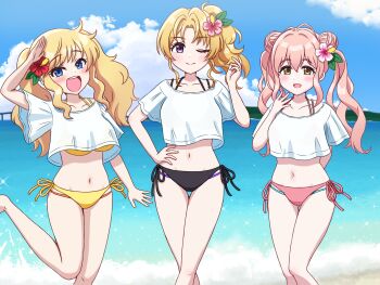3girls beach bikini bikini_under_clothes black_bikini blonde_hair blue_eyes blue_sky brown_eyes cloud day double_bun hair_bun highres horizon idolmaster idolmaster_cinderella_girls kiryu_tsukasa_(idolmaster) multiple_girls nagi_kai ocean ohtsuki_yui open_mouth outdoors pink_bikini pink_hair ponytail round_teeth saionji_kotoka salute shirt side-tie_bikini_bottom sky swimsuit teeth twintails upper_teeth_only white_shirt yellow_bikini