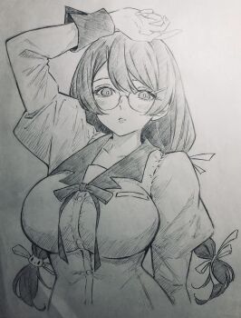 Rule 34 | 1girl, arm above head, arm up, bakemonogatari, blush, breasts, collared shirt, commentary request, cropped torso, glasses, greyscale, hair between eyes, hair ornament, hairclip, hanekawa tsubasa, highres, huge breasts, long hair, long sleeves, looking at viewer, mizuiro neko, monochrome, monogatari (series), parted lips, photo (medium), ribbon, shirt, simple background, solo, traditional media, twintails