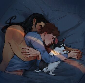 Rule 34 | 2boys, animal, animal collar, arczism, arm around waist, bed, beef (dispatch), black hair, blue shirt, brown hair, closed eyes, closed mouth, collar, commentary, dispatch, dog, english commentary, flambae (dispatch), hand on another's arm, highres, holding hands, long hair, long sleeves, lying, male focus, midriff, multiple boys, on side, pillow, robert robertson, shirt, short sleeves, sleeping, spooning, topless male, under covers, yaoi