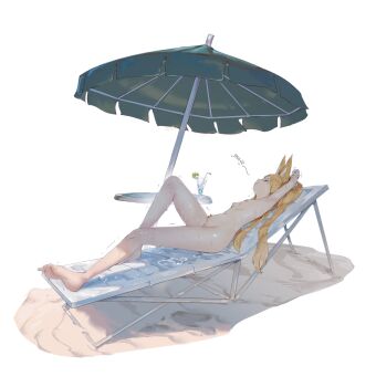 1girl absurdres animal_ears armpits beach beach_umbrella blonde_hair blue_archive closed_eyes closed_mouth cocktail_glass completely_nude cup drinking_glass feet fox_ears fox_girl from_side full_body highres legs lying nude on_back one-piece_swimsuit rou_(rou22) sand seia_(blue_archive) seia_(swimsuit)_(blue_archive) simple_background solo stretching swimsuit trembling umbrella wet white_background white_one-piece_swimsuit