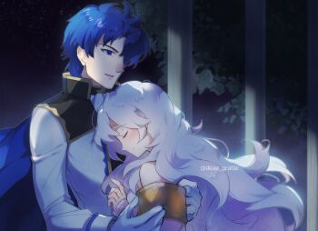 1boy 1girl backlighting blue_cape blue_eyes blue_hair blush cape circlet closed_eyes closed_mouth column couple curly_hair curtained_hair deirdre_(fire_emblem) dress fire_emblem fire_emblem:_genealogy_of_the_holy_war floating_cape gloves gold_circlet hair_between_eyes hair_over_one_eye head_on_chest hetero high_collar highres hug jacket long_hair long_sleeves looking_at_another night night_sky nintendo off_shoulder parted_bangs pillar purple_dress raised_eyebrows short_hair sigurd_(fire_emblem) sky sleeves_past_wrists smile tree twitter_username upper_body v-shaped_eyebrows very_long_hair white_gloves white_hair white_jacket yomos_gara