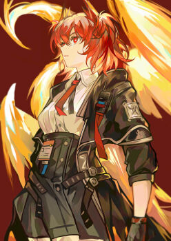 absurdres arknights belt bird black_belt black_gloves black_jacket black_skirt breasts cen_(acheng02806053) commentary cowboy_shot dress_shirt feather_hair fiammetta_(arknights) from_below from_side gloves hair_between_eyes high-waist_skirt highres jacket laterano_logo looking_ahead medium_breasts medium_hair multiple_belts necktie open_clothes open_jacket parted_lips phoenix red_background red_eyes red_hair red_necktie shirt short_necktie skirt symbol-only_commentary three-quarter_sleeves twintails white_shirt