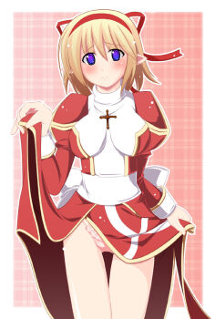 1girl back_bow blonde_hair blush bow breasts closed_mouth clothes_lift commentary_request cowboy_shot dress dress_lift embarrassed flashing gluteal_fold hair_ribbon hairband hazama_shin high_priest_(ragnarok_online) impossible_clothes impossible_dress juliet_sleeves lifting_own_clothes long_sleeves looking_at_viewer medium_breasts panties pink_background pink_panties plaid_background pointy_ears puffy_sleeves purple_eyes ragnarok_online raised_inner_eyebrows red_dress red_hairband red_ribbon ribbon sash short_hair solo two-tone_dress underwear white_background white_bow white_dress white_sash