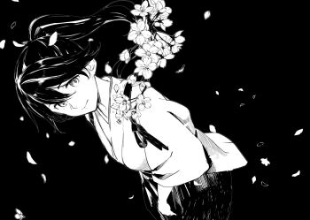 1girl breasts cherry_blossoms closed_mouth commentary flower greyscale hair_between_eyes hakama houshou_(kancolle) japanese_clothes kantai_collection kimono long_hair looking_at_viewer medium_breasts monochrome petals ponytail simple_background solo takeshima_satoshi tasuki wide_sleeves