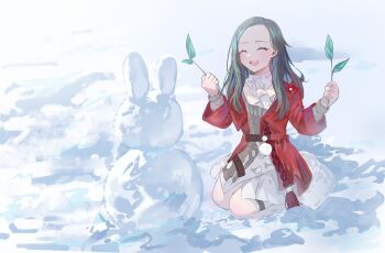 1girl absurdres belt brown_belt brown_sweater clara_(honkai:_star_rail) clara_(honkai:_star_rail)_(cosplay) closed_eyes cosplay detached_collar dress emily_sun fur-trimmed_jacket fur_trim green_hair highres honkai:_star_rail honkai_(series) jacket kanako_(fuwachu) long_hair long_sleeves open_mouth red_jacket seiza sitting smile snow snow_rabbit solo sweater thigh_strap voice_actor_connection white_dress