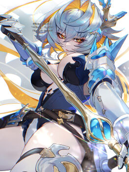 1girl belt blanche_(granblue_fantasy) blue_hair breasts cleavage commentary_request gauntlets granblue_fantasy hair_ornament holding holding_weapon kogome_(azalea4) lance leotard looking_at_viewer orange_eyes polearm solo thick_thighs thigh_strap thighs vambraces weapon