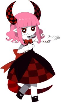 1girl back_bow bow bowtie buttons checkered_clothes checkered_dress cross_hair_ornament cuffs curly_hair demon_girl demon_horns demon_tail dress full_body funamusea funamusea_(artist) hair_ornament hand_on_own_chest horns laetitia_(funamusea) official_art pink_hair pointy_ears rectangular_pupils red_bow red_eyes red_tail simple_background sleeveless sleeveless_dress smile smug solo standing striped_tail tail white_background white_sleeves