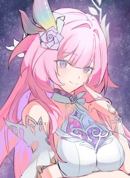 1girl bare_shoulders breasts cyrene_(demiurge)_(honkai:_star_rail) cyrene_(honkai:_star_rail) diamond-shaped_pupils diamond_(shape) dress flower hair_flower hair_intakes hair_ornament hashtag-only_commentary honkai:_star_rail honkai_(series) large_breasts long_hair looking_at_viewer pink_hair purple_background purple_eyes sh1r4tama smile solo symbol-shaped_pupils upper_body very_long_hair white_dress