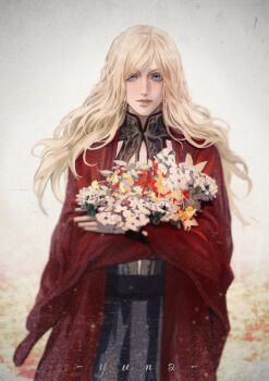 Rule 34 | 1girl, absurdres, blonde hair, blue eyes, devil may cry (series), dress, eva (devil may cry), flower, highres, holding, holding flower, ichiroyama5409, lipstick, long hair, looking at viewer, makeup, mature female