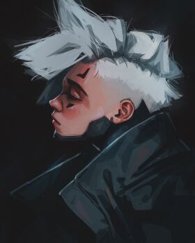 1girl absurdres black_background black_coat closed_mouth coat commentary facial_mark forehead_mark from_side grey_hair half-closed_eyes highres nose original parted_hair portrait profile short_hair simple_background solo titanartx