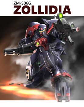 Rule 34 | aiming, beam rifle, character name, commentary request, energy gun, gatling gun, gundam, highres, holding, holding weapon, mecha, mecha focus, mobile suit, no humans, realistic, robot, science fiction, scope, seotaku (kyokkou), shell casing, shoulder spikes, smoke, solo, spikes, victory gundam, weapon, zanscare, zollidia