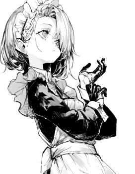 1girl apron dress gloves greyscale looking_to_the_side maid maid_headdress monochrome neichiru original short_hair solo upper_body