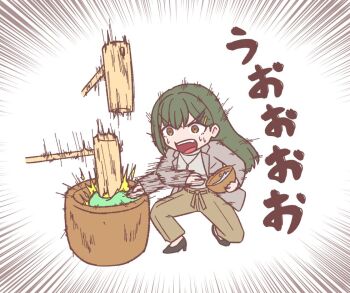 Rule 34 | 1girl, brown eyes, brown pants, coat, commentary request, food, full body, green hair, grey coat, grey sweater, hair ornament, hairclip, kine, link! like! love live!, love live!, mallet, mochi, mochitsuki, mortar (bowl), ogami sachi, ogami sachi (post-graduation), open clothes, open coat, open mouth, pants, parallel hairclips, screaming, shiroyama-san, simple background, solo, squatting, sweat, sweater, translation request, v-shaped eyebrows, virtual youtuber, white background