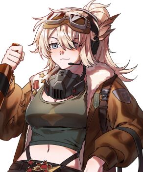 1girl :3 blonde_hair blue_eyes bottle breasts brown_jacket cleavage galgu goggles goggles_on_head green_shirt hair_over_one_eye hand_up headset highres holding holding_bottle jacket large_breasts lilya_(reverse:1999) looking_at_viewer mask mask_around_neck midriff one_eye_covered oxygen_mask ponytail reverse:1999 shirt solo upper_body white_background