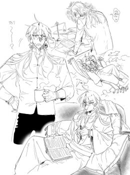 Rule 34 | 1boy, bag, balance scale, bird, book, bracelet, chair, closed eyes, closed mouth, coffee mug, cowboy shot, cup, earrings, eating, feet out of frame, food, full body, hair between eyes, half-closed eyes, hand on own hip, holding, holding book, holding cup, holding food, holding sandwich, jewelry, leaning forward, long hair, long sleeves, looking at object, looking to the side, lying, male focus, monochrome, mug, multiple bracelets, multiple views, necklace, on chair, on hammock, open book, original, pants, parted lips, robe, sandals, sandwich, shirt, simple background, sitting, speech bubble, sweat, table, thai text, translation request, unholymilk, weighing scale, white background, wide sleeves