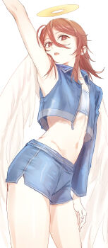 1boy absurdres androgynous angel_devil_(chainsaw_man) angel_wings arm_up armpits bandeau blue_shorts chainsaw_man collared_jacket commentary_request cowboy_shot cropped_jacket from_side hair_between_eyes halo highres jacket looking_at_viewer medium_hair midriff navel open_clothes open_jacket open_mouth red_eyes red_hair short_shorts shorts simple_background sleeveless solo thighs togakuhaji38479 trap white_background wings
